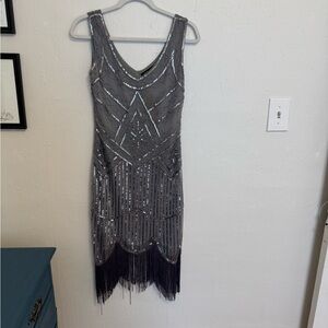 Gray Sequin Embellished Sheath Midi Dress V-Neck Sleeveless